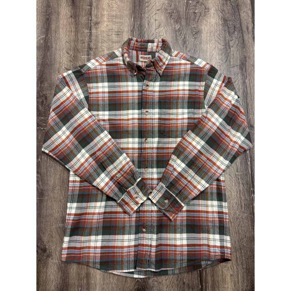 RedHead Mens Plaid Flannel Shirt Medium Rust Green White Cotton Button Down